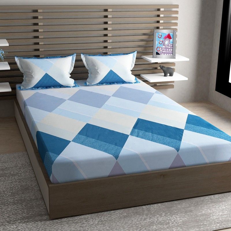 FINE TEX WORLD 144 TC Microfiber Double Printed Flat Bedsheet  (Pack of 1, White, Blue)