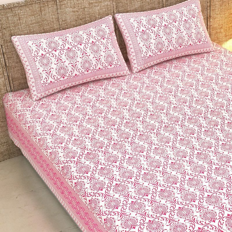 Butea Crape 124 TC Cotton King Jaipuri Prints Flat Bedsheet  (Pack of 1, Lotus Pink)
