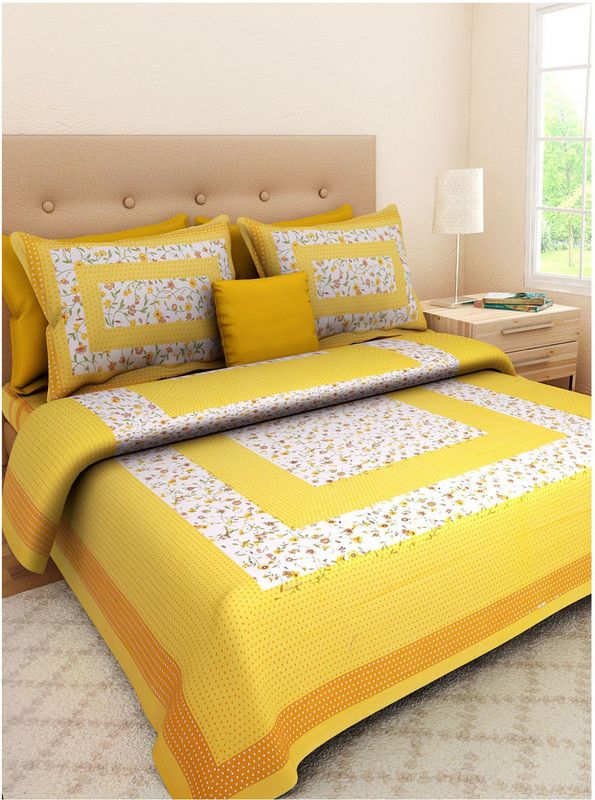IBBA 104 TC Cotton Double Printed Flat Bedsheet  (Pack of 1, Yellow)