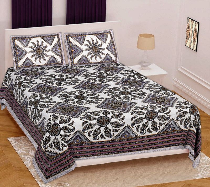 IkBedsheets 165 TC Cotton Queen Jaipuri Prints Flat Bedsheet  (Pack of 1, Grey, White)