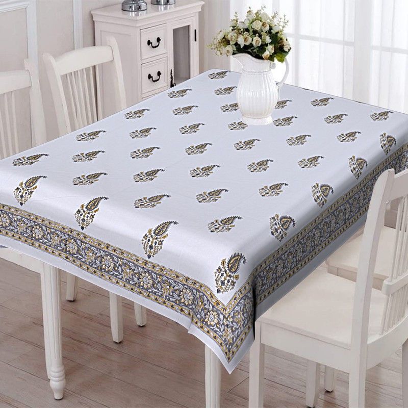 Texstylers Paisley 8 Seater Table Cover  (White Base, Cotton)