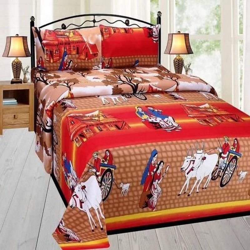 KIDSCOLLECTIONS 140 TC Microfiber Double Self Design Flat Bedsheet  (Pack of 1, Orange)
