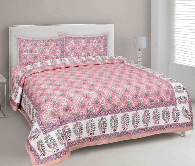 V K Creation 210 TC Cotton Queen Floral Flat Bedsheet  (Pack of 1, Peach)