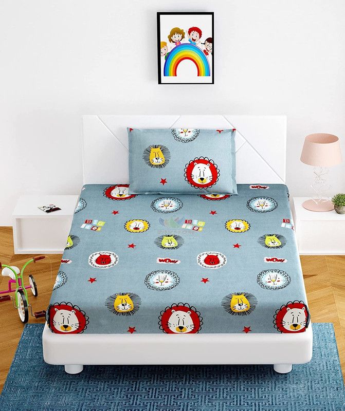 300 TC Cotton Single Cartoon Bedsheet  (Pack of 1, GRAY LION)