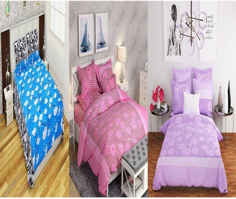 VHD 161 TC Polycotton Queen Printed Flat Bedsheet  (Pack of 3, Multicolor)