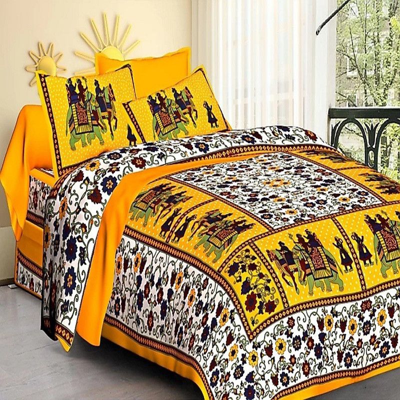 Zerron 144 TC Cotton Double Jaipuri Prints Flat Bedsheet  (Pack of 1, Yellow)