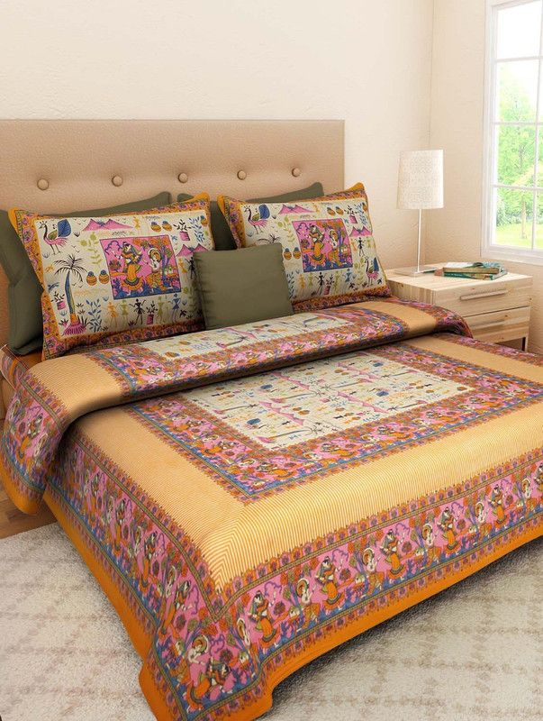 BHOOMI TEXTILES 144 TC Cotton King Checkered Flat Bedsheet  (Pack of 1, Orange)