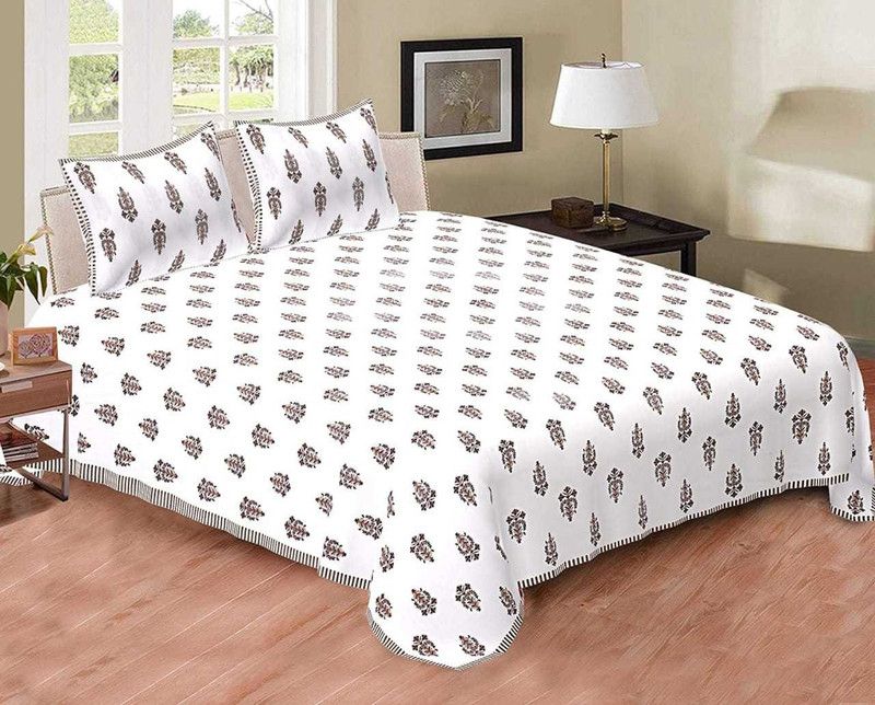 openkart shopping 200 TC Cotton Double Jaipuri Prints Flat Bedsheet  (Pack of 1, whute)