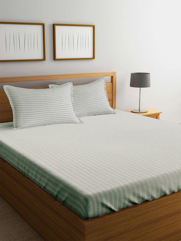 Mark Home 210 TC Cotton King Striped Flat Bedsheet  (Pack of 1, Silver)
