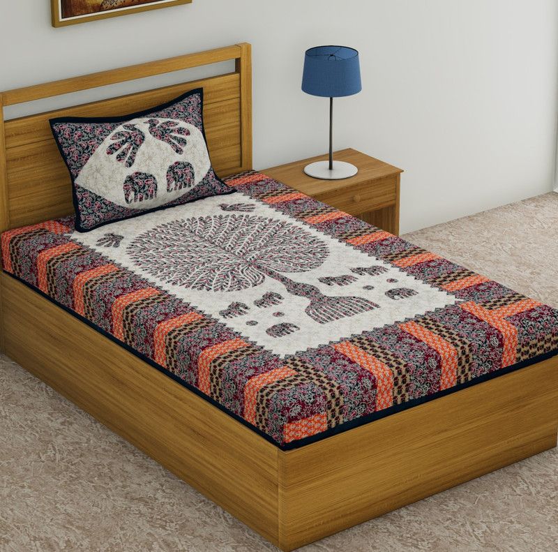 Zahana 104 TC Cotton Single Printed Flat Bedsheet  (Pack of 1, Green)