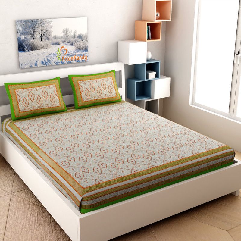 FrionKandy Living 220 TC Cotton Double Jaipuri Prints Flat Bedsheet  (Pack of 1, Green)