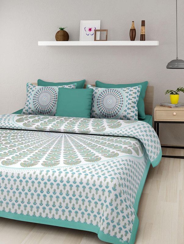Tatvika 144 TC Cotton Double Jaipuri Prints Flat Bedsheet  (Pack of 1, Green)