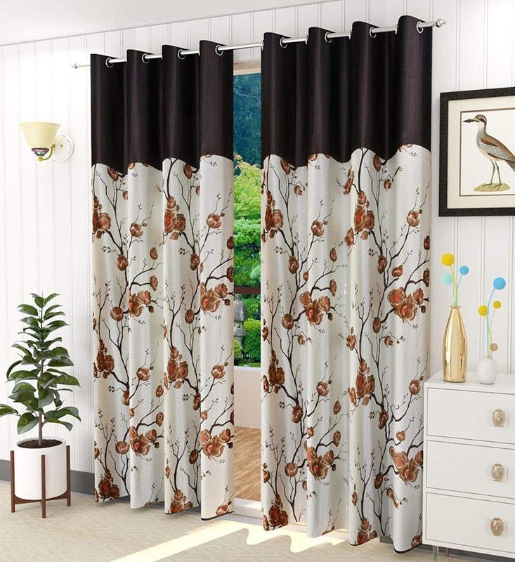 TWIZOR 273 cm (9 ft) Polyester Room Darkening Long Door Curtain (Pack Of 2)  (Floral, Brown, White)
