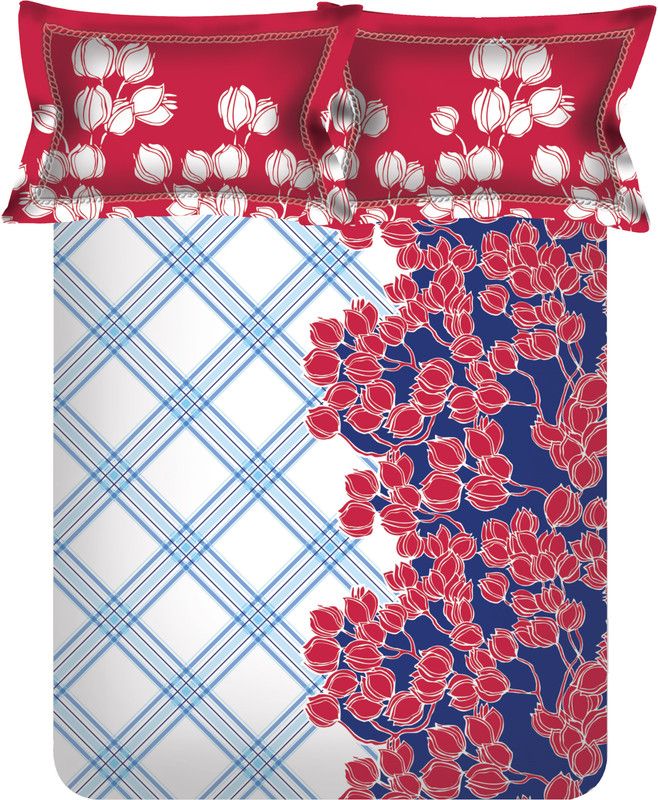 SPACES 144 TC Cotton Double Printed Bedsheet  (Pack of 1, Red, White, Blue)