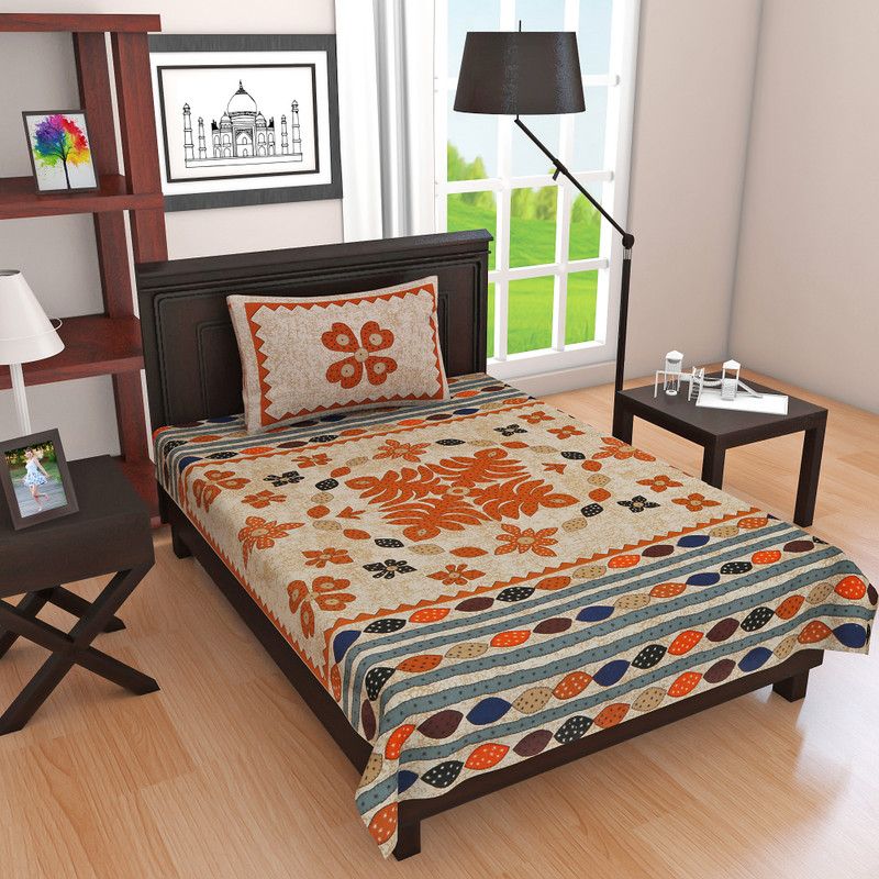 E ELMA 140 TC Cotton Single Printed Flat Bedsheet  (Pack of 1, Multicolor)
