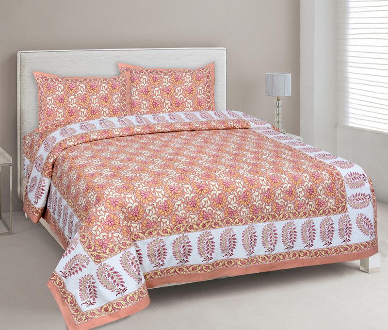 VORTOP TRADE 210 TC Cotton King Floral Flat Bedsheet  (Pack of 1, Peach)