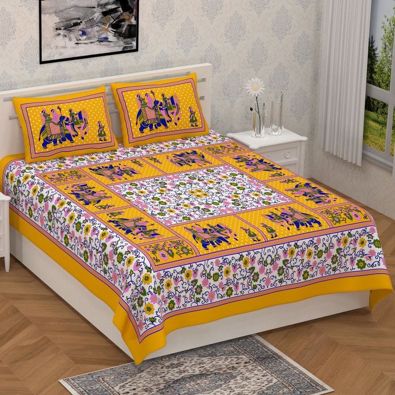 LITTLE INDIA 110 TC Cotton Double Floral Flat Bedsheet  (Pack of 1, Yellow)