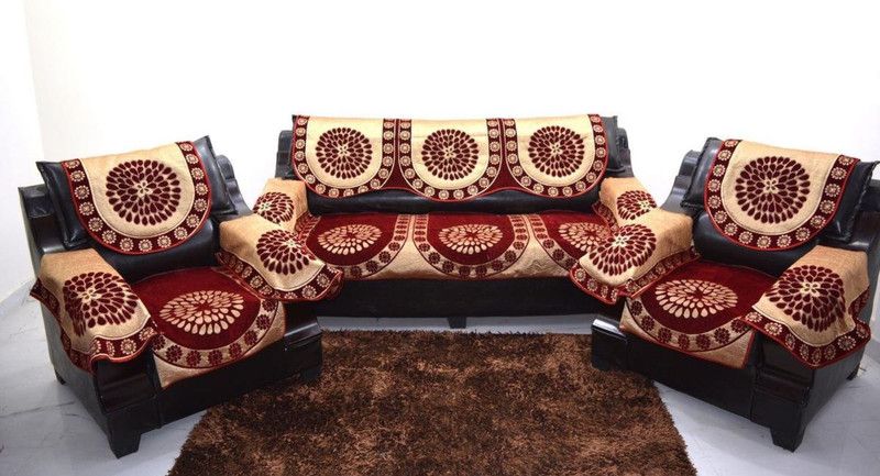 KINGLY Chenille Embroidered Sofa Cover  (Maroon Pack of 12)