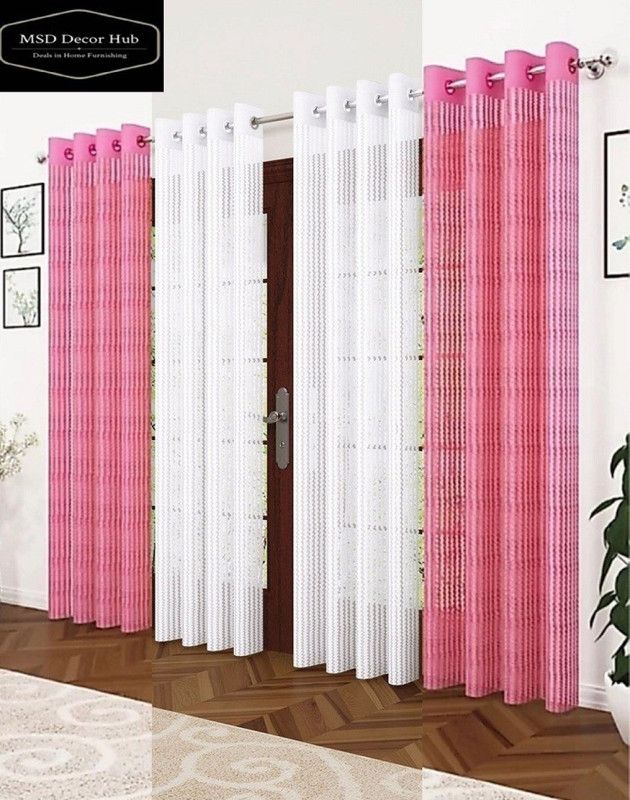 DEEP DECOR 212 cm (7 ft) Polyester Semi Transparent Door Curtain (Pack Of 4)  (Self Design, Striped, PinkishWhity)