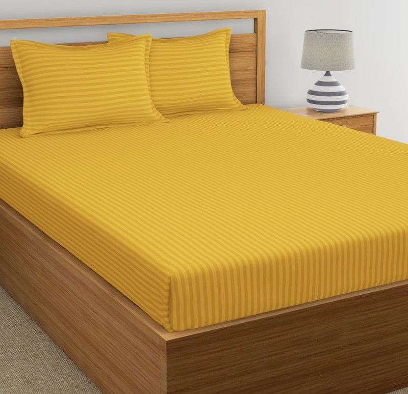 Dreamscape 210 TC Cotton Double Striped Flat Bedsheet  (Pack of 1, Gold)