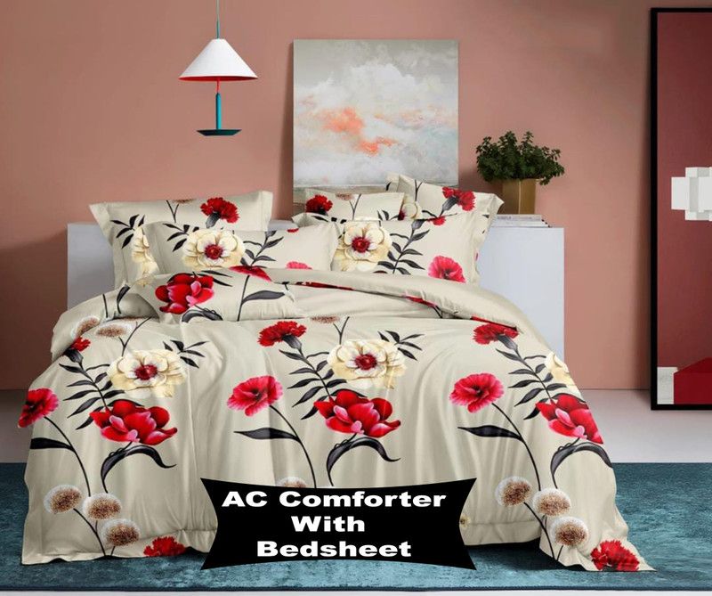 cuddly Print Cotton Queen Sized Bedding Set  (Beige)