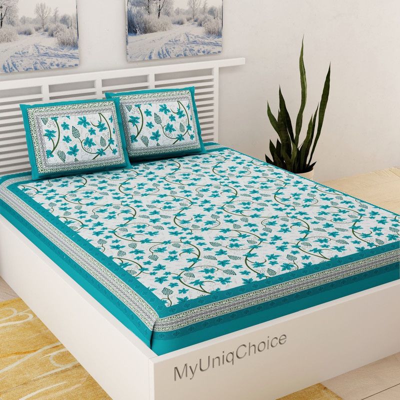 Unique Choice 120 TC Cotton Double Printed Flat Bedsheet  (Pack of 1, Sea Green)