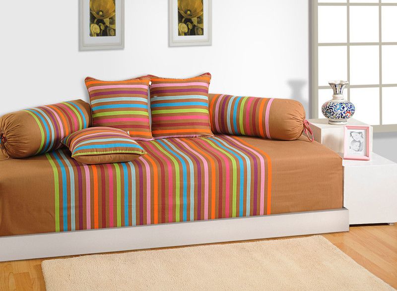 SWAYAM Cotton Striped Diwan Set  (1 Diwan Sheet+ 3 Cushion Cover+2 Bolster Cover (Set of 6), Multicolor)