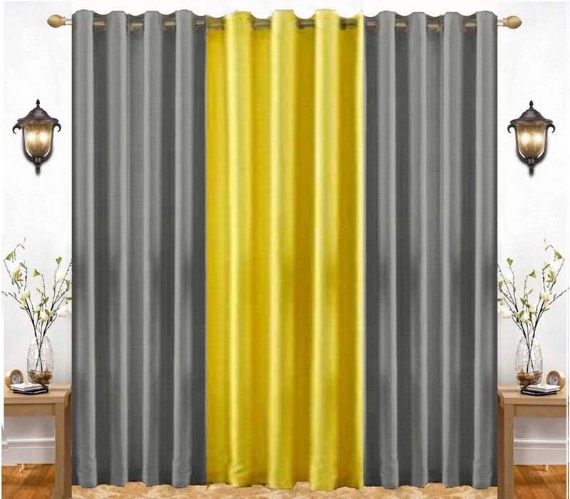 India Furnish 274 cm (9 ft) Polyester Semi Transparent Long Door Curtain (Pack Of 3)  (Plain, Grey & Yellow)