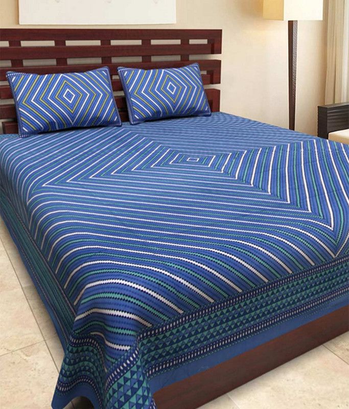 BADGUJAR 280 TC Cotton King Striped Flat Bedsheet  (Pack of 1, Blue)