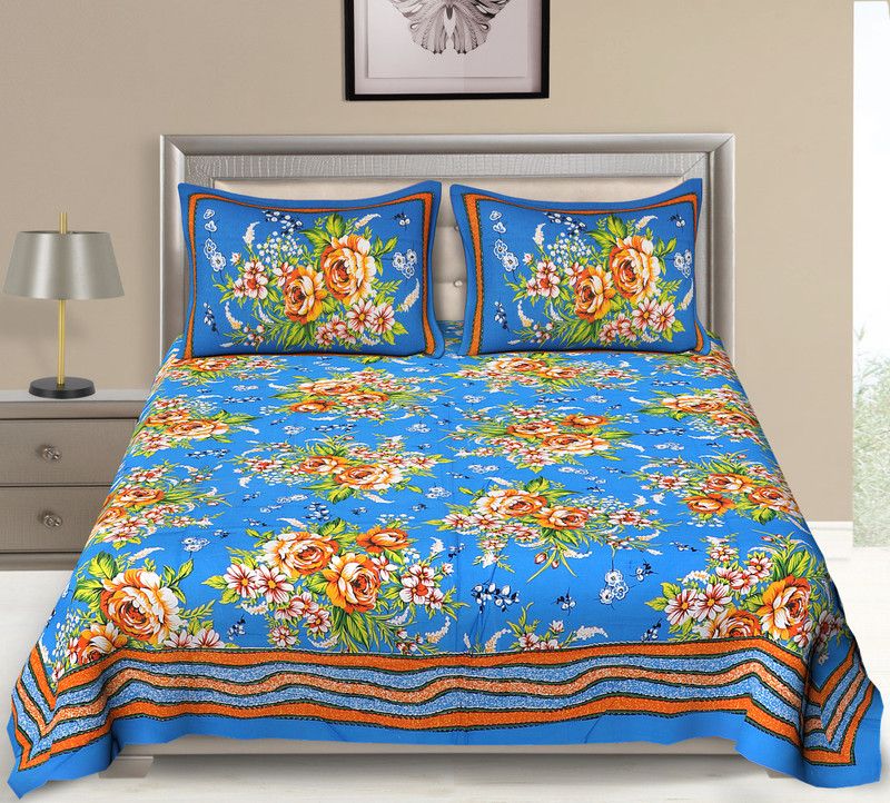 120 TC Cotton Double Bedsheet  (Pack of 1, Blue)