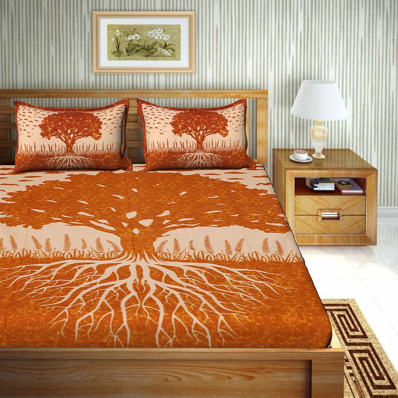 120 TC Cotton Double Printed Bedsheet  (Pack of 1, Orange)