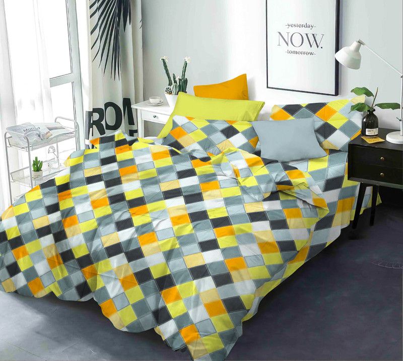 Urban Linens 160 TC Cotton Double Geometric Flat Bedsheet  (Pack of 1, Yellow, White, Grey)