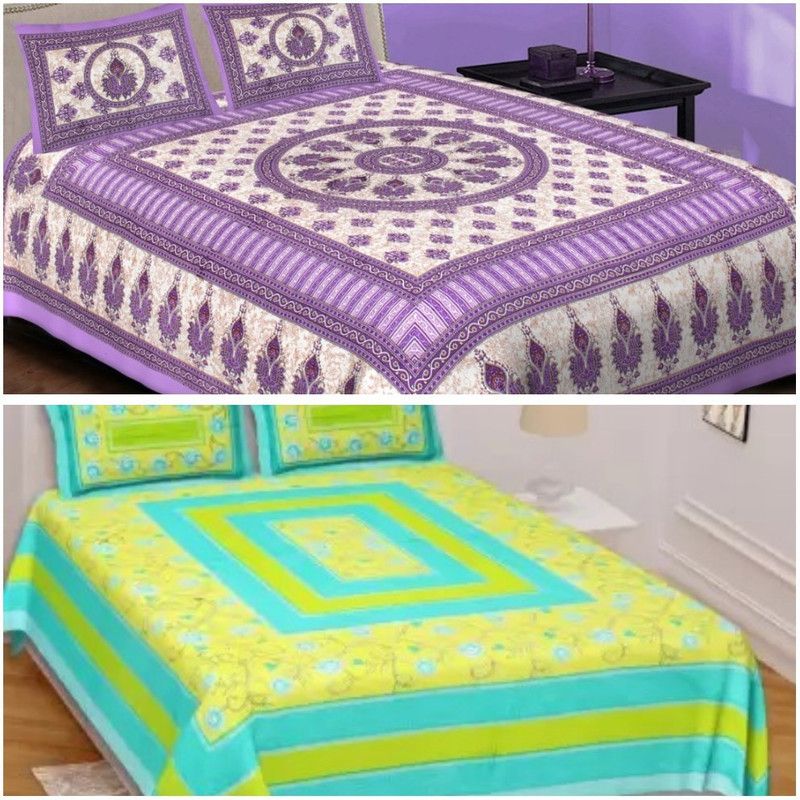 double cotton bed sheet 144 TC Cotton King Jaipuri Prints Flat Bedsheet  (Pack of 2, Red beautic and Yellow Gangaur)