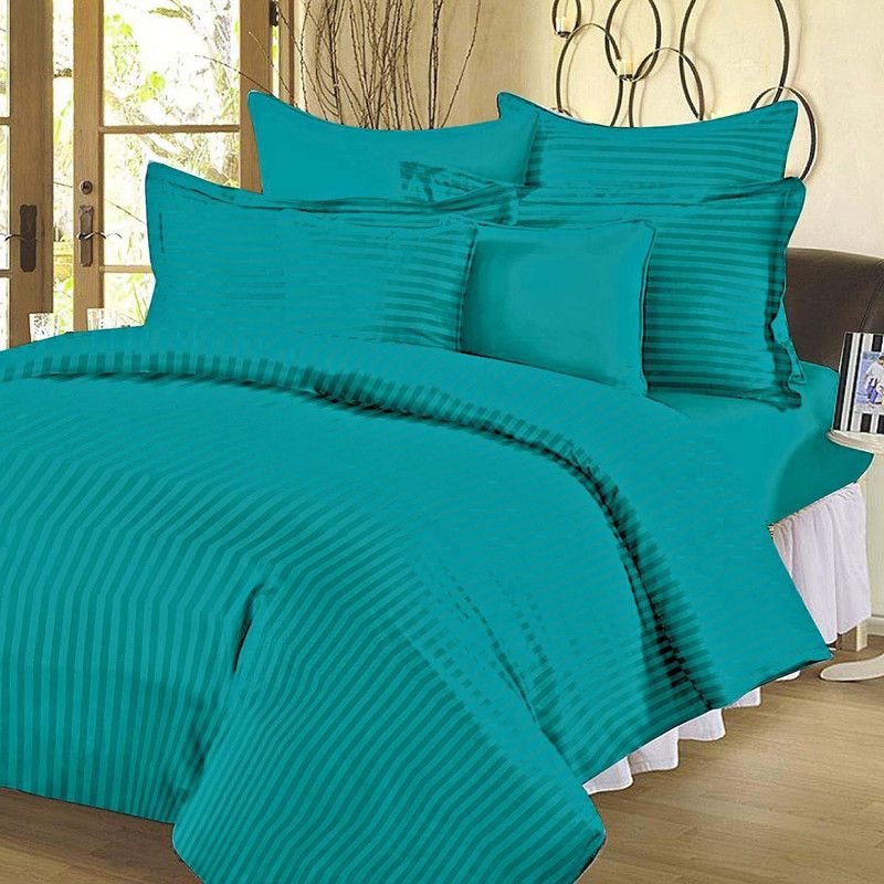 Shubastik 210 TC Cotton, Satin King Striped Flat Bedsheet  (Pack of 1, turquoise blue)