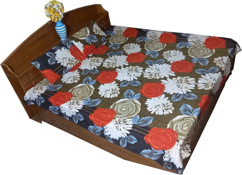 WINNEHA 140 TC Polycotton Double Floral Flat Bedsheet  (Pack of 1, Green, Blue)