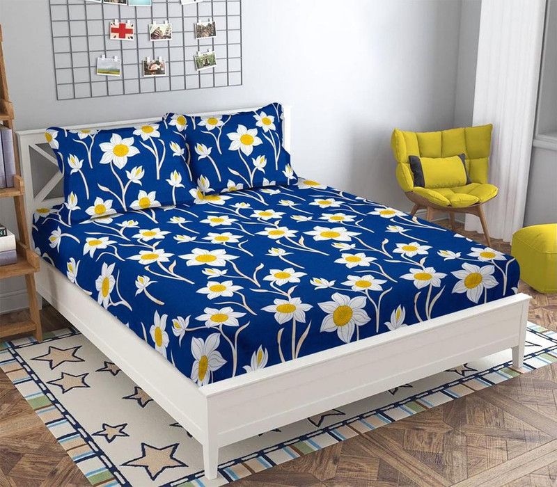 Super Home 160 TC Cotton Double Floral Flat Bedsheet  (Pack of 1, Blue & Yellow)