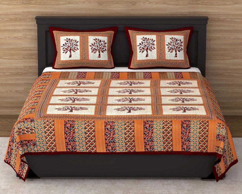 Varde 104 TC Cotton Double Jaipuri Prints Flat Bedsheet  (Pack of 1, Orange, White)