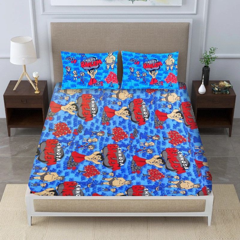 KUSHGHAR 180 TC Cotton Queen Cartoon Flat Bedsheet  (Pack of 1, Blue)