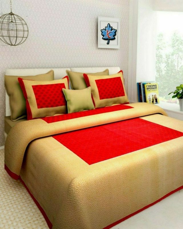 peace way 228 TC Cotton Double Jaipuri Prints Flat Bedsheet  (Pack of 1, Red, Beige)