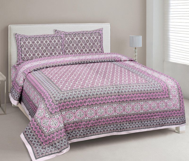 TanviFabrics 240 TC Cotton Double Jaipuri Prints Flat Bedsheet  (Pack of 1, Pink)