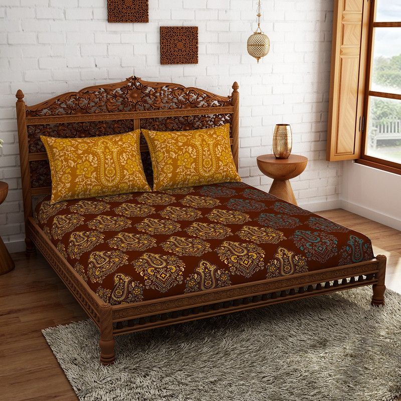 Welspun 210 TC Cotton Queen Printed Flat Bedsheet  (Pack of 1, Brown)