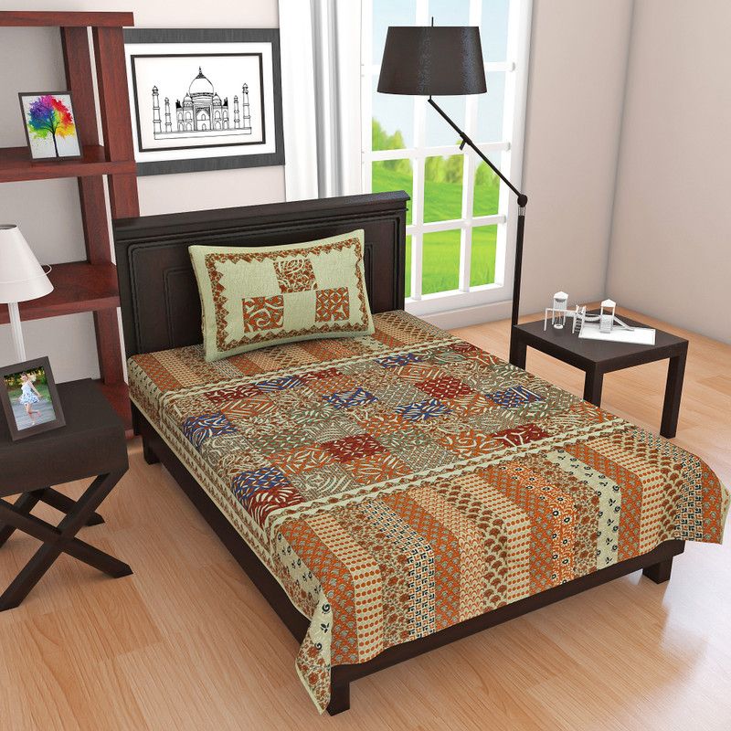Harshika Fashion 144 TC Cotton Single Jaipuri Prints Flat Bedsheet  (Pack of 1, Orange)