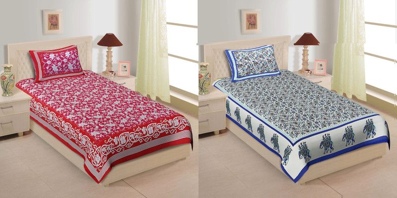 104 TC Cotton Single Bedsheet  (Pack of 2, Multicolor)