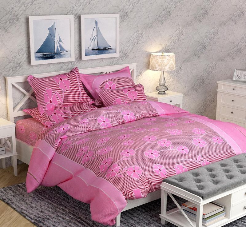 R A F Z 144 TC Polycotton Double 3D Printed Flat Bedsheet  (Pack of 3, Pink)