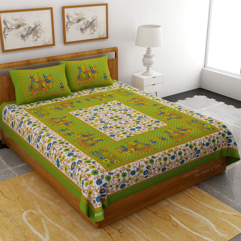 120 TC Cotton Double Printed Bedsheet  (Pack of 1, Green)