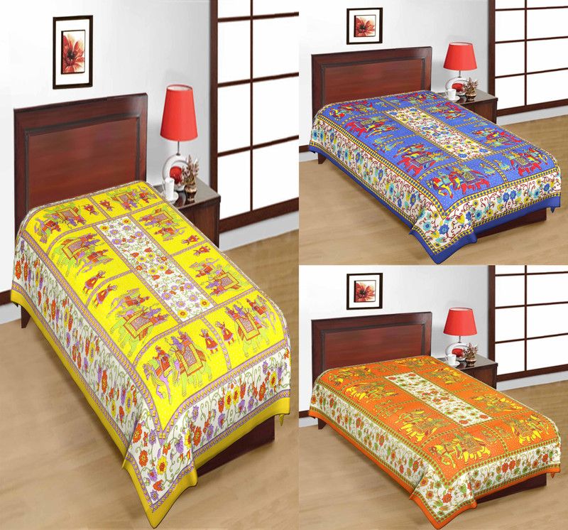 UNIQCHOICE 120 TC Cotton Single Printed Flat Bedsheet  (Pack of 3, Multicolor)