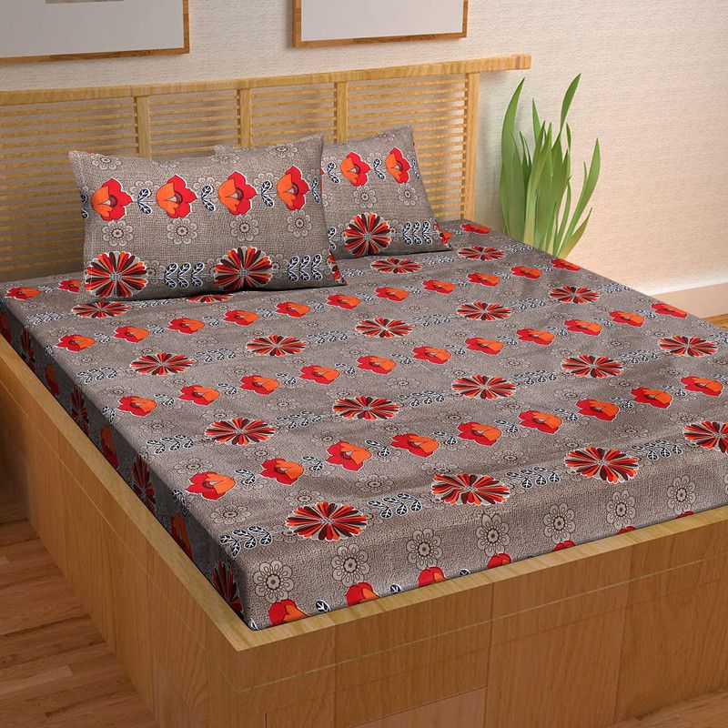 ATHARV CREATIONS 144 TC Cotton Double Printed Flat Bedsheet  (Pack of 1, Beige)