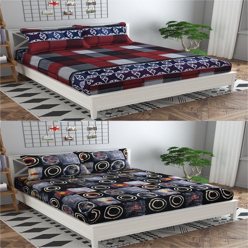 Nakshu 140 TC Polycotton Queen Solid Fitted (Elastic) Bedsheet  (Pack of 2, Multicolor)