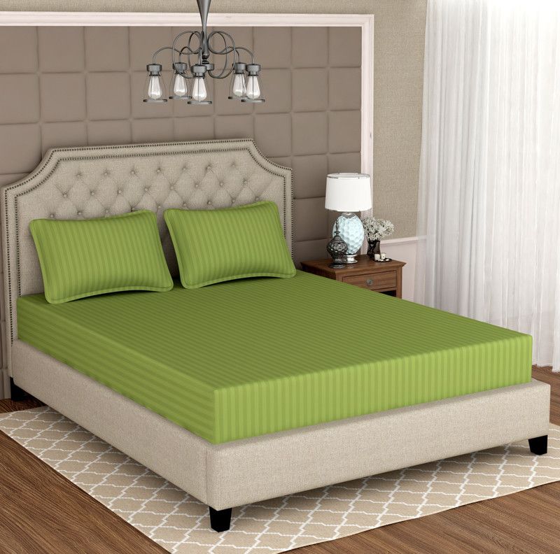 Swizier 350 TC Cotton Double Striped Flat Bedsheet  (Pack of 1, Green)