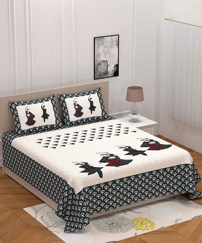 UNIQCHOICE 104 TC Cotton Double Jaipuri Prints Flat Bedsheet  (Pack of 1, Grey)